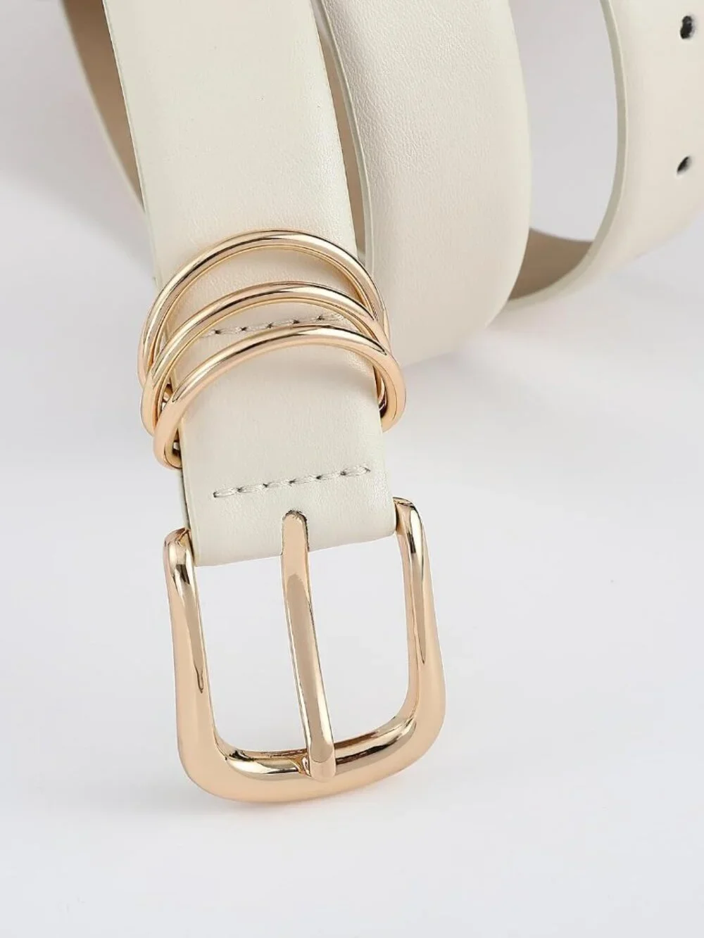 Sleek Women's White Faux Leather Belt with Gold Rectangle Buckle - Size M 32-36